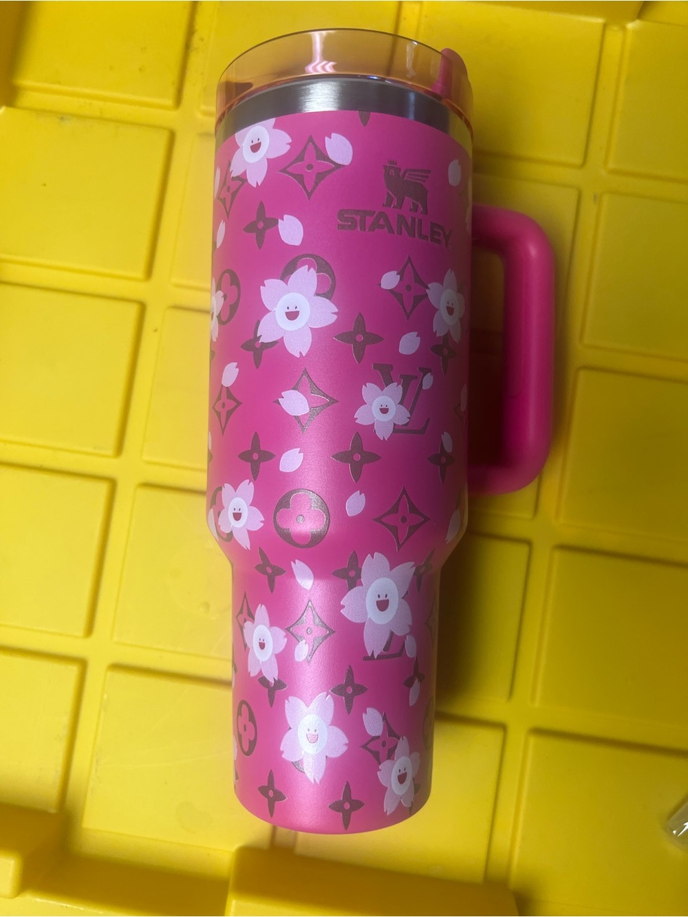 Stanley Pink Floral Travel Tumbler with Handle 40 Oz with straw